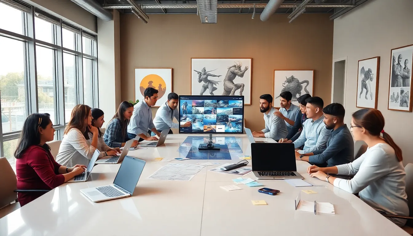 diverse team discussing game concepts in a modern office.