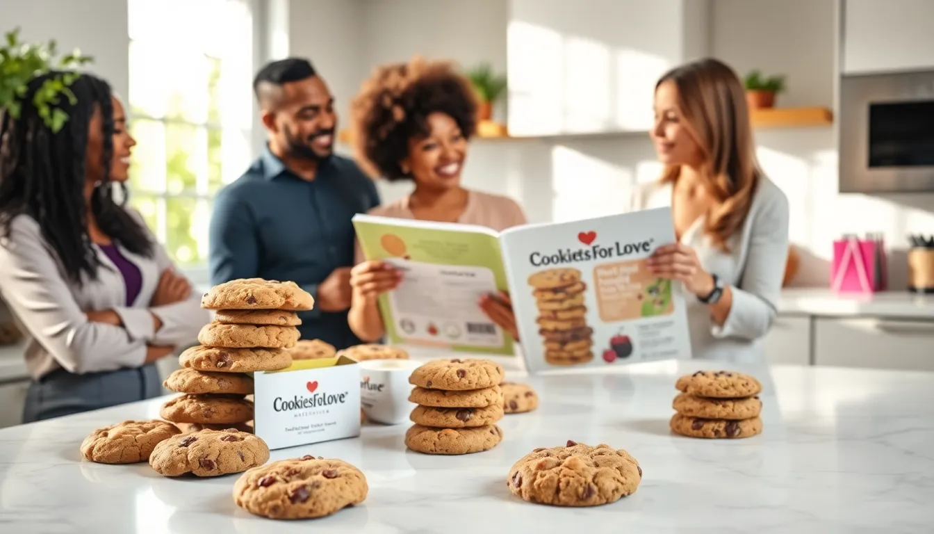 diverse professionals discussing healthy cookies in a modern kitchen.