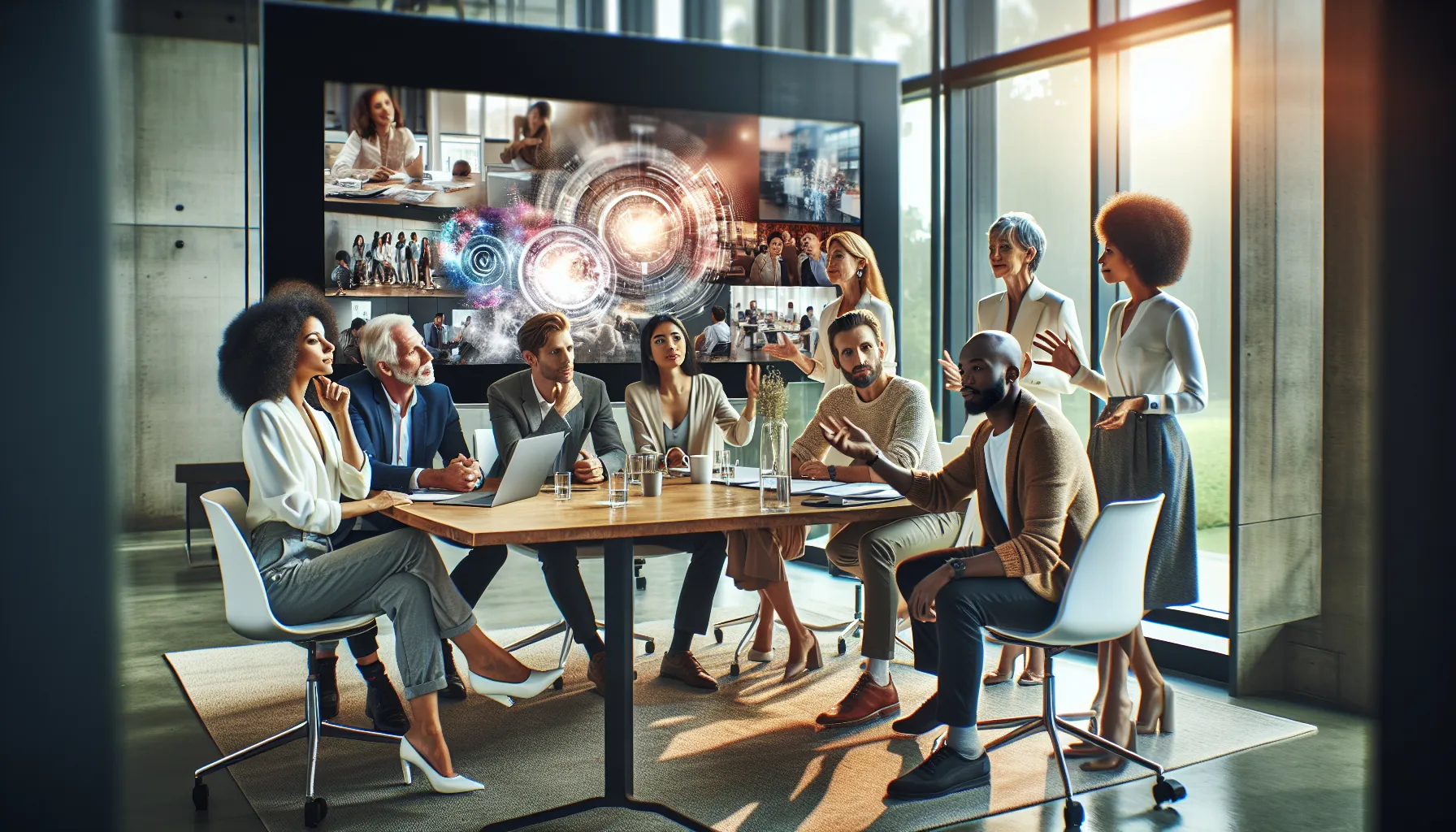 professionals collaborating in a conference room with visual storytelling elements.