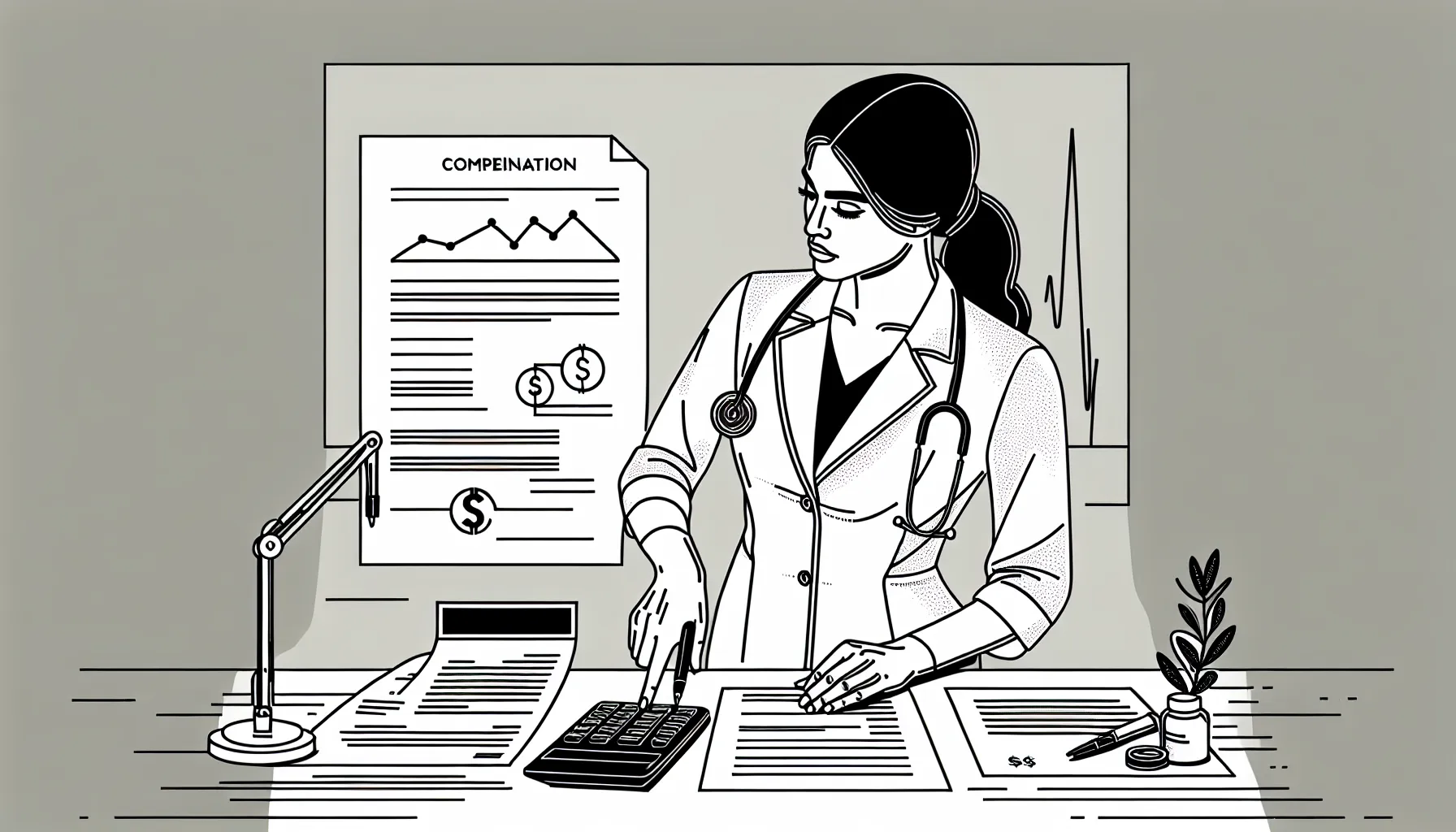 Veterinarian reviewing a compensation contract with paycheck and New Mexico outline.