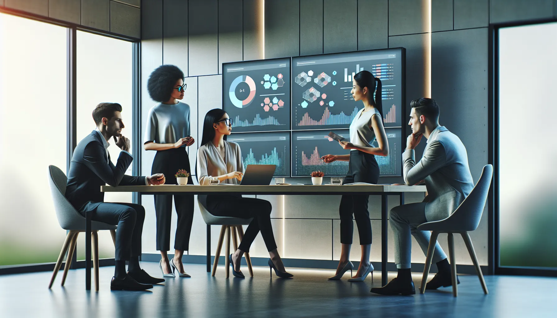 diverse team collaborating with analytics tools in a modern office.