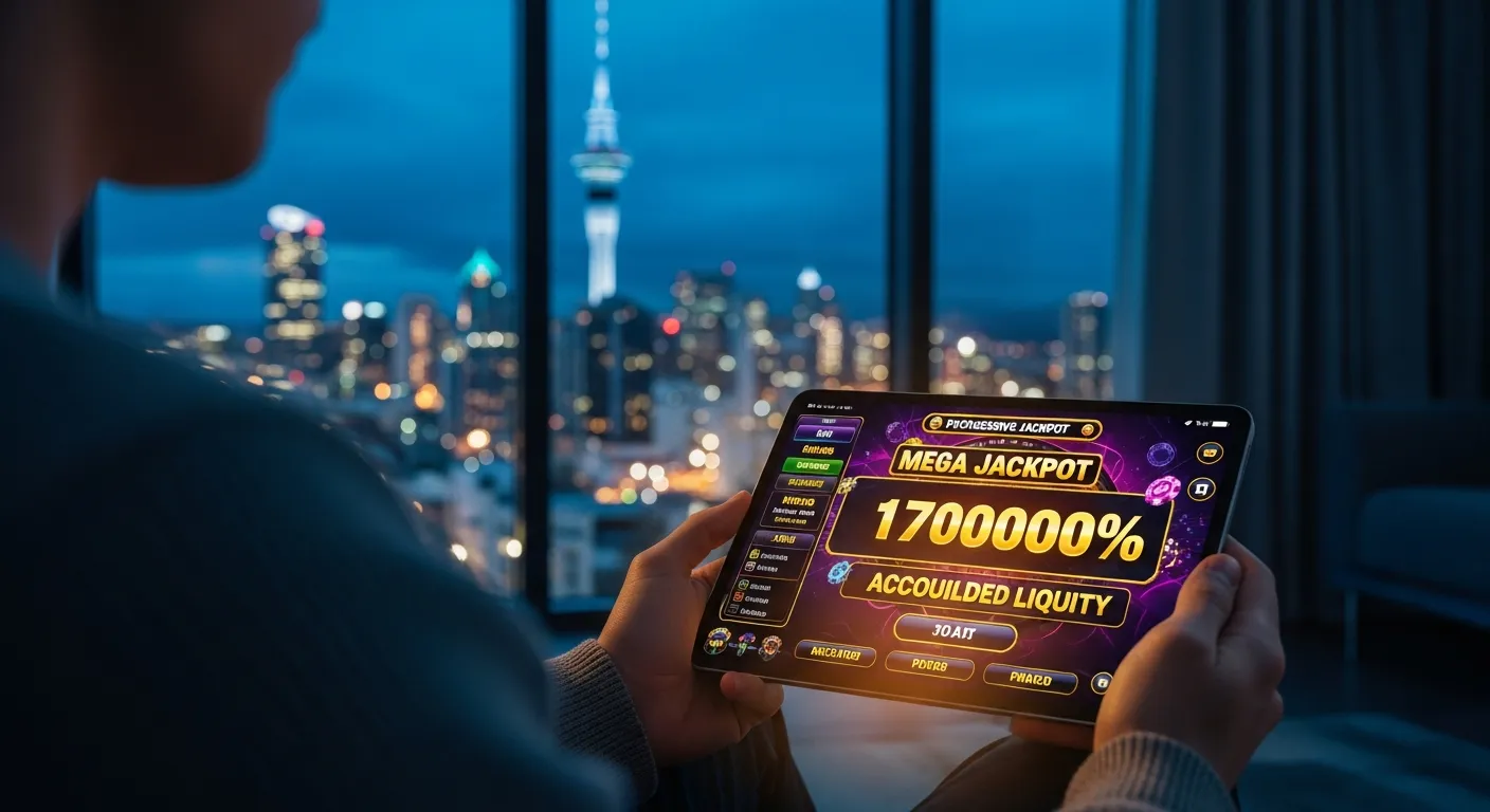 A person playing a progressive jackpot game on a tablet with the illuminated Auckland skyline in the background.