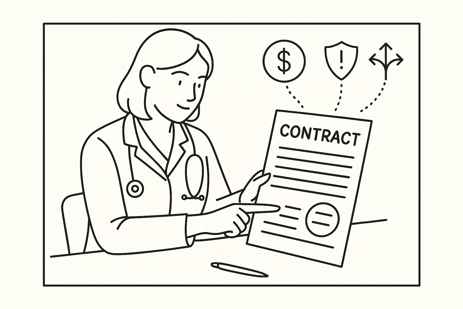 Nurse practitioner at desk reviewing a contract with income, liability, flexibility icons.