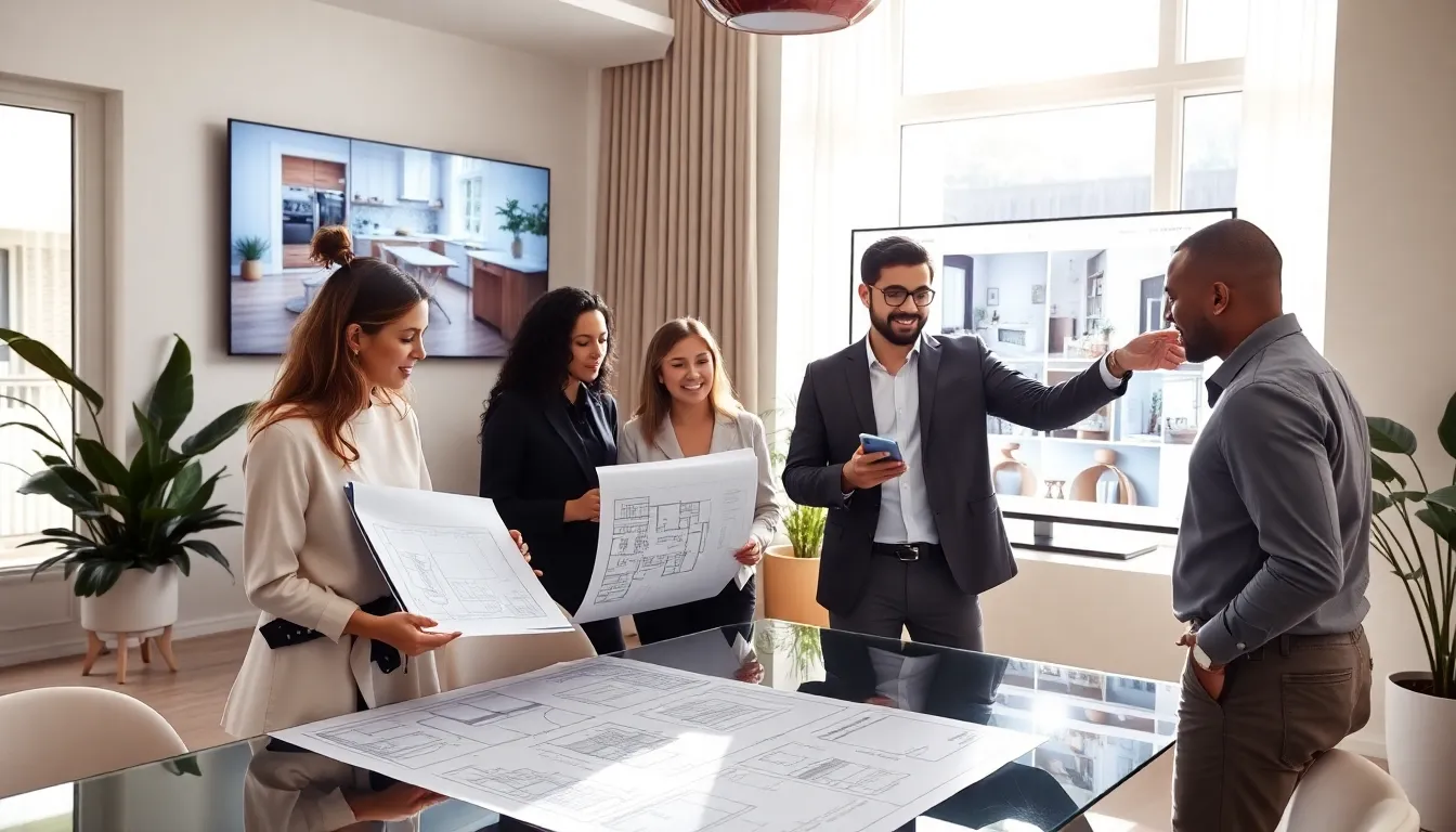 team discussing home renovation designs in a modern office.