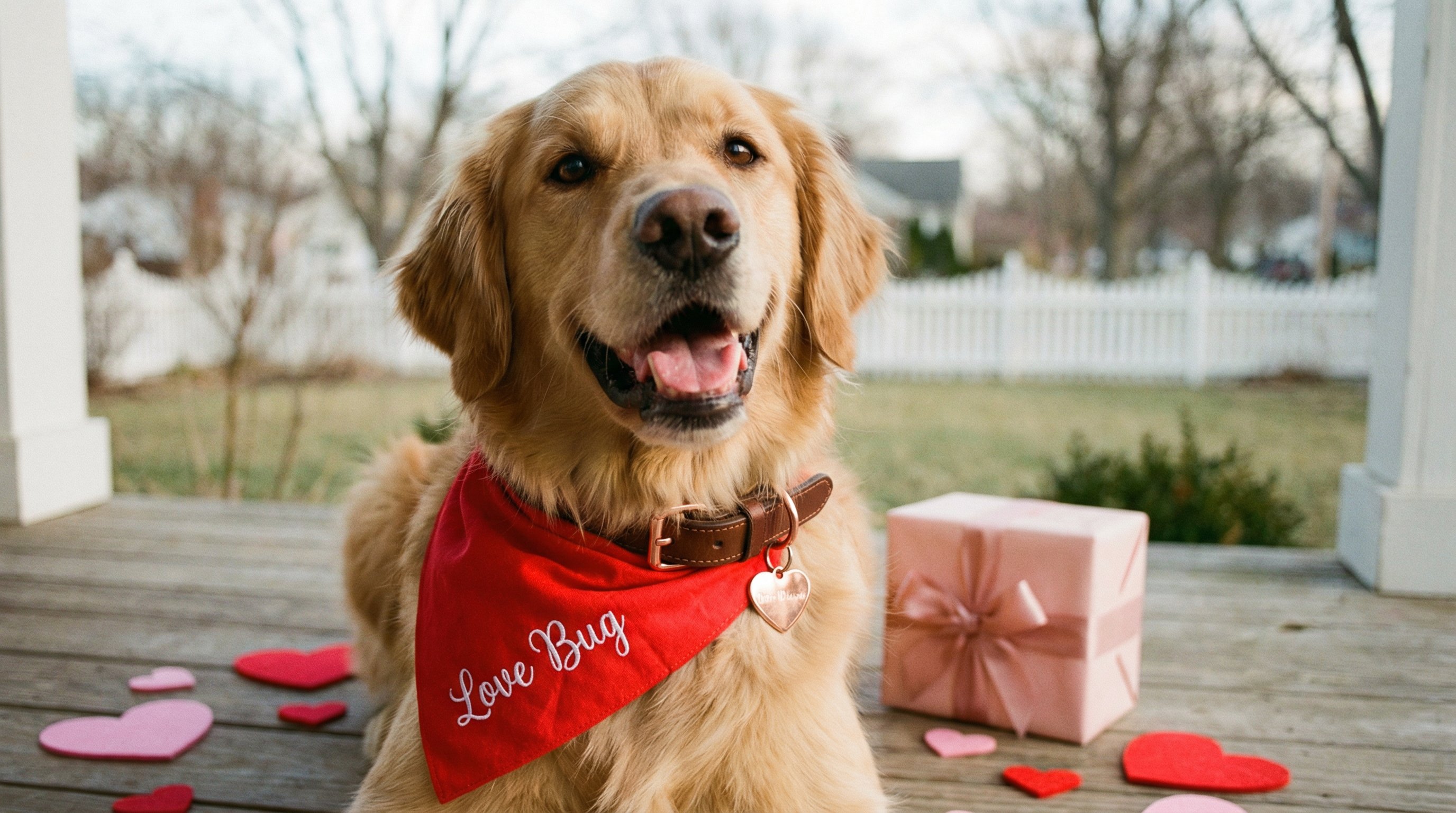 Golden retriever wearing a Valentine's Day bandana and heart-shaped tag on a porch.