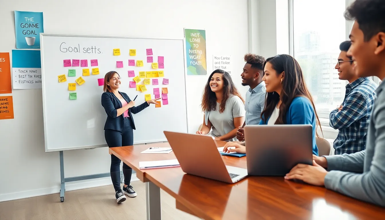diverse teens collaborating on goal setting in a modern classroom.