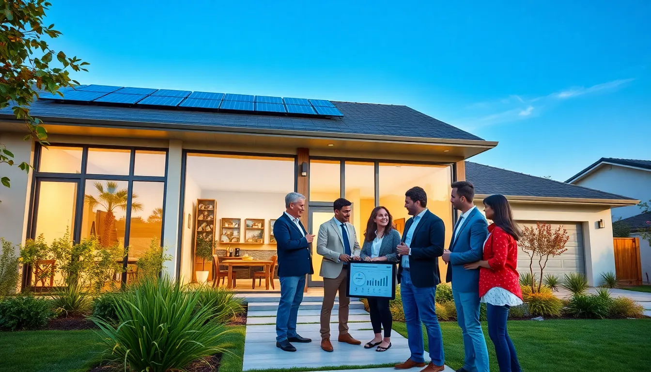 modern energy-efficient home with solar panels and diverse professionals.