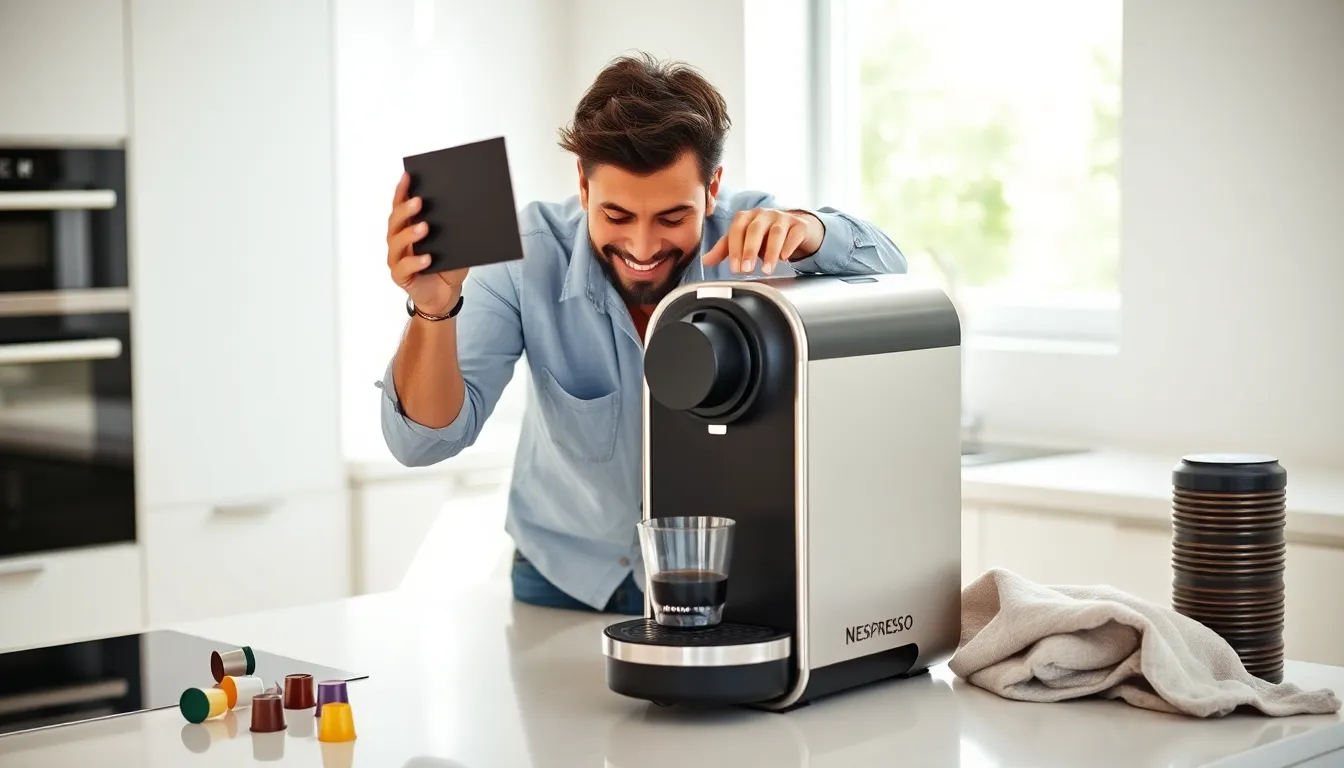 technician troubleshooting a Nespresso machine in a modern kitchen.