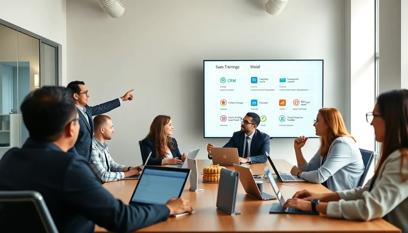 diverse professionals engaged in a SaaS training session in a modern office.