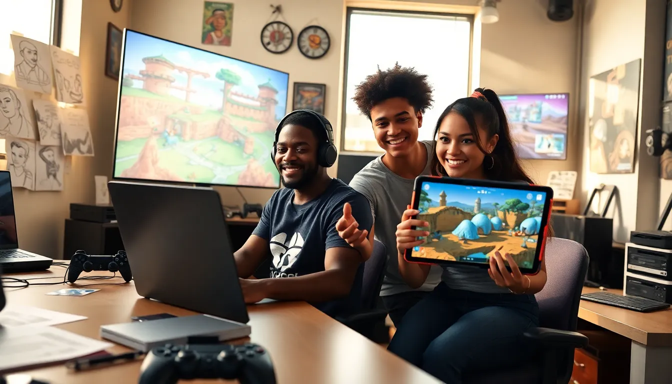 young adults creatively designing for PlayStation Imagineergames in a vibrant workspace.