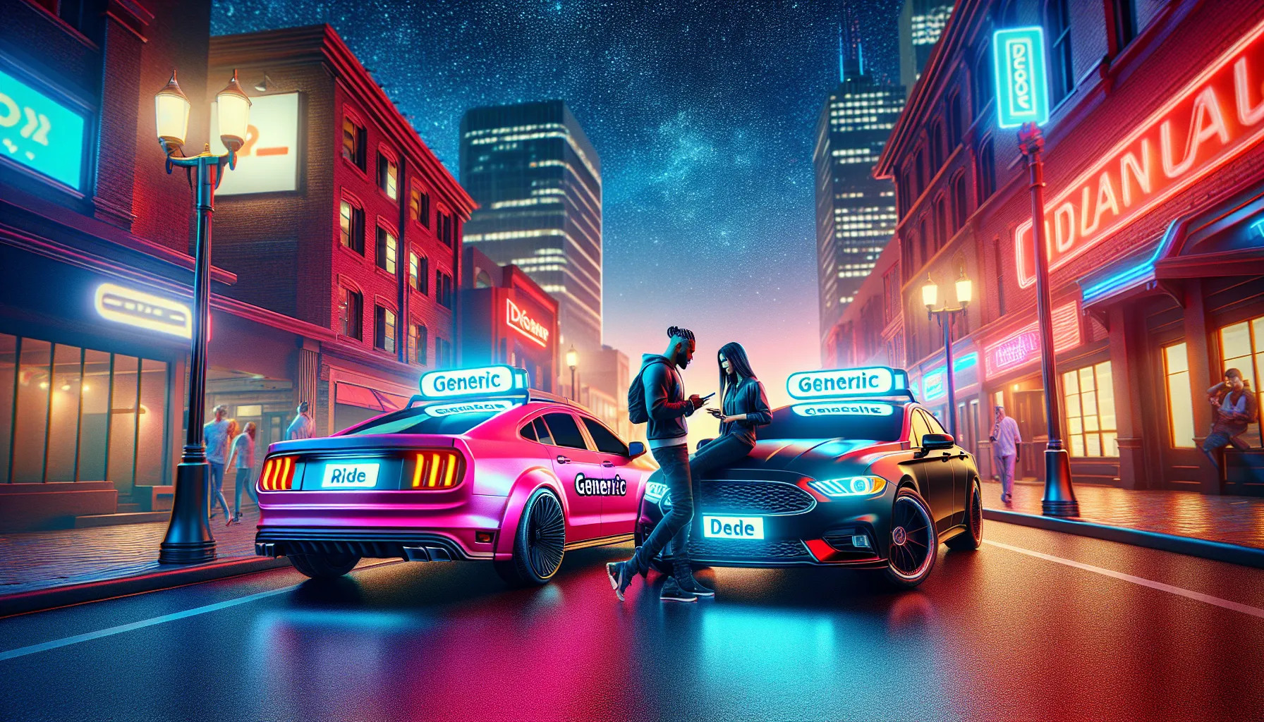 A Lyft car and an Uber car parked on a busy city street at night.