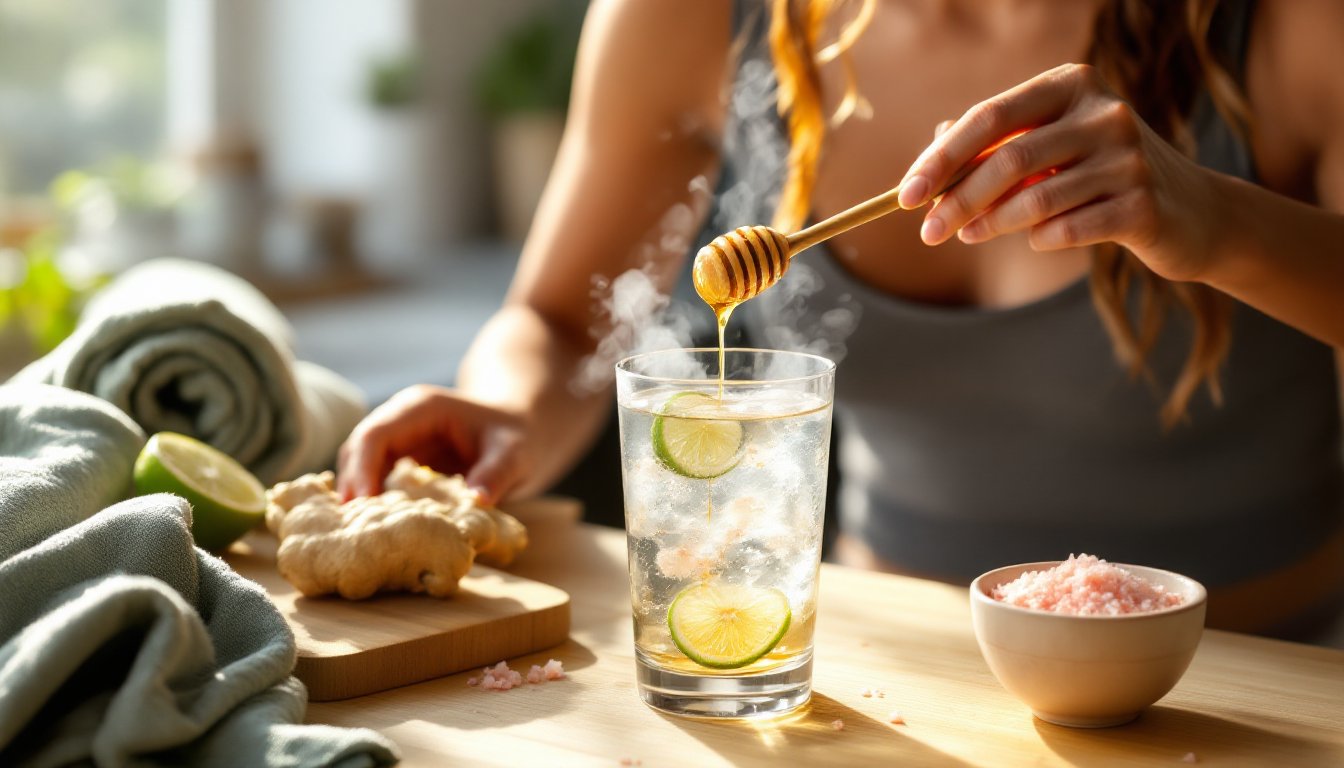 A woman preparing warm lime, pink salt, and honey electrolyte water after a workout.