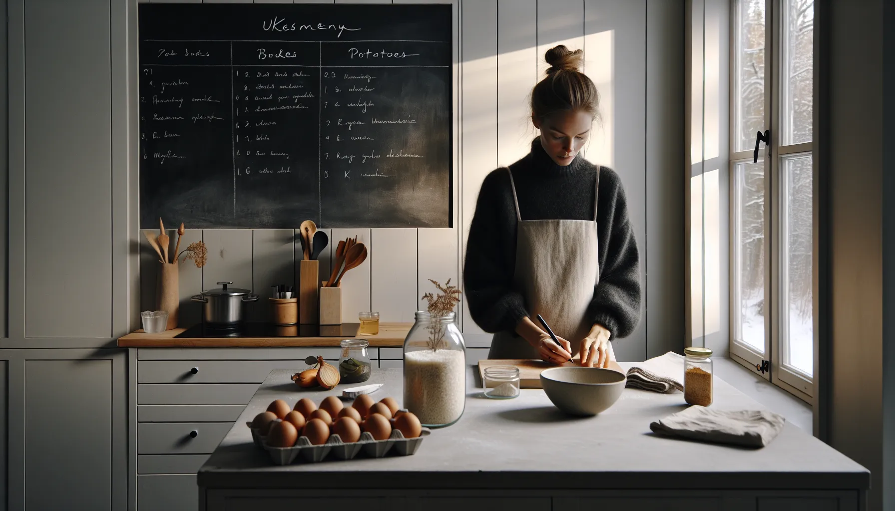 Hvordan spare penger på mat ved å planlegge ukesmenyer 2 Woman planning a weekly menu and grocery list in a norwegian kitchen.