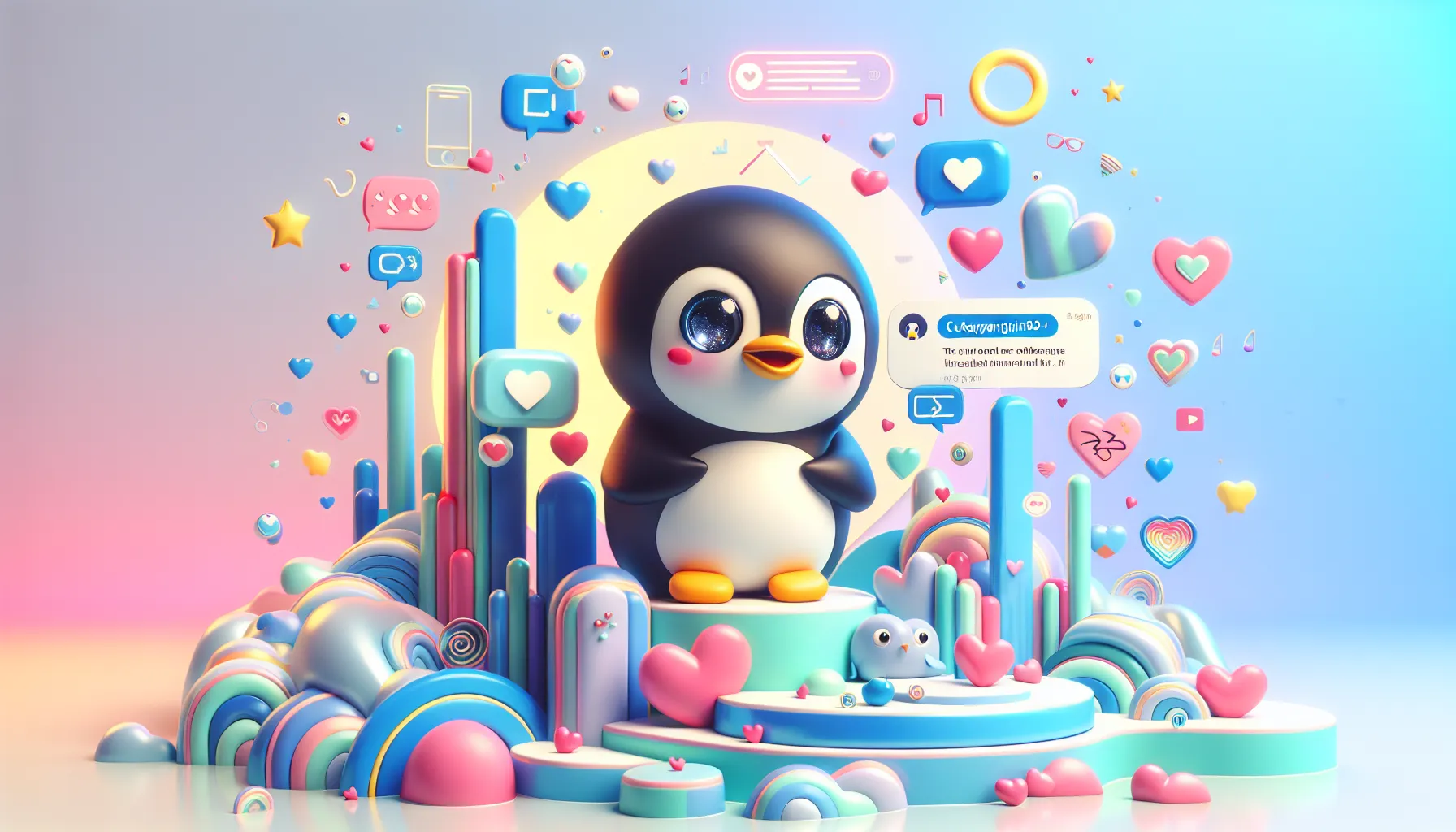 a cute penguin character with social media icons and colorful elements.