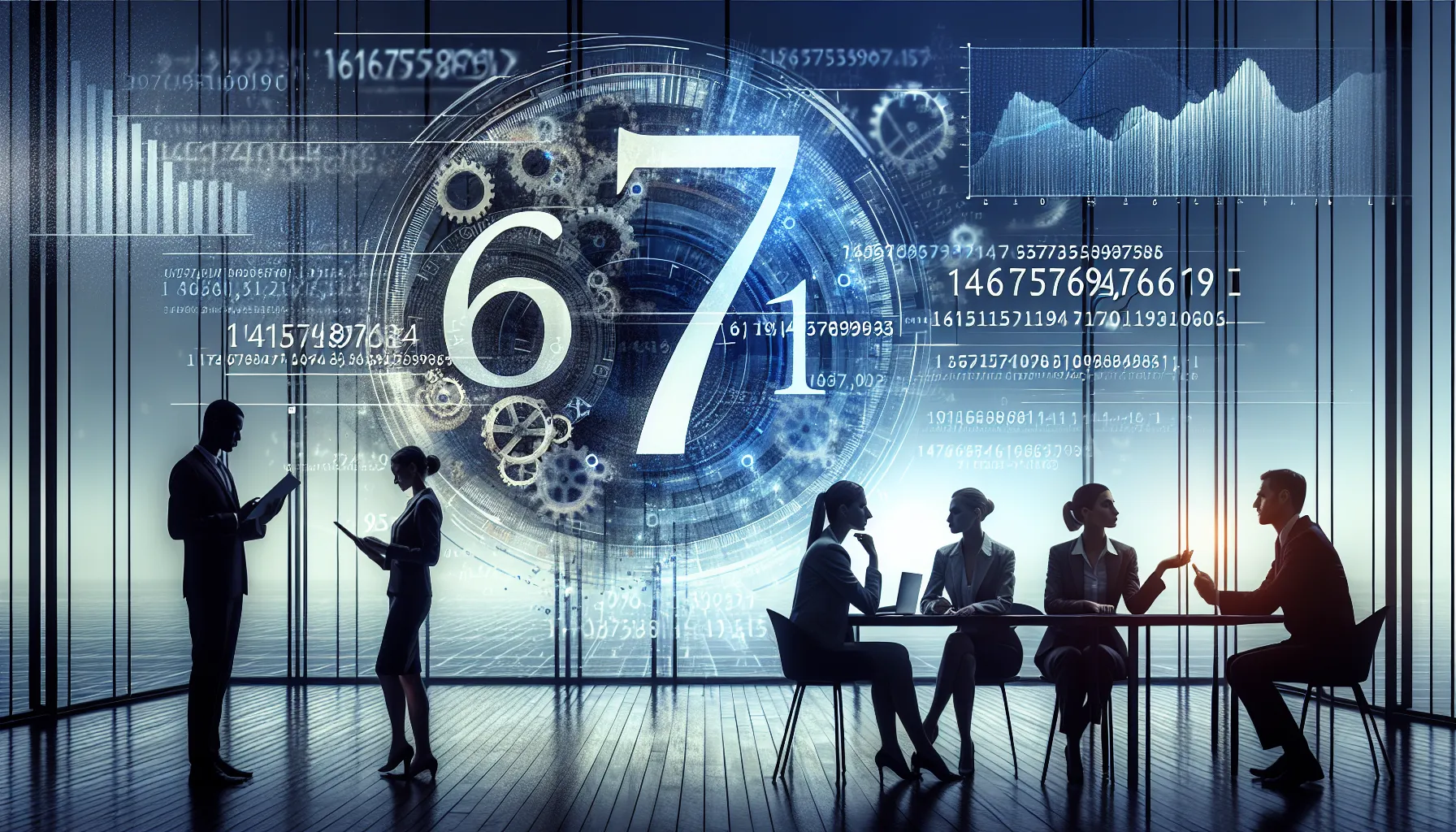 professionals examining a significant number in a modern office setting.