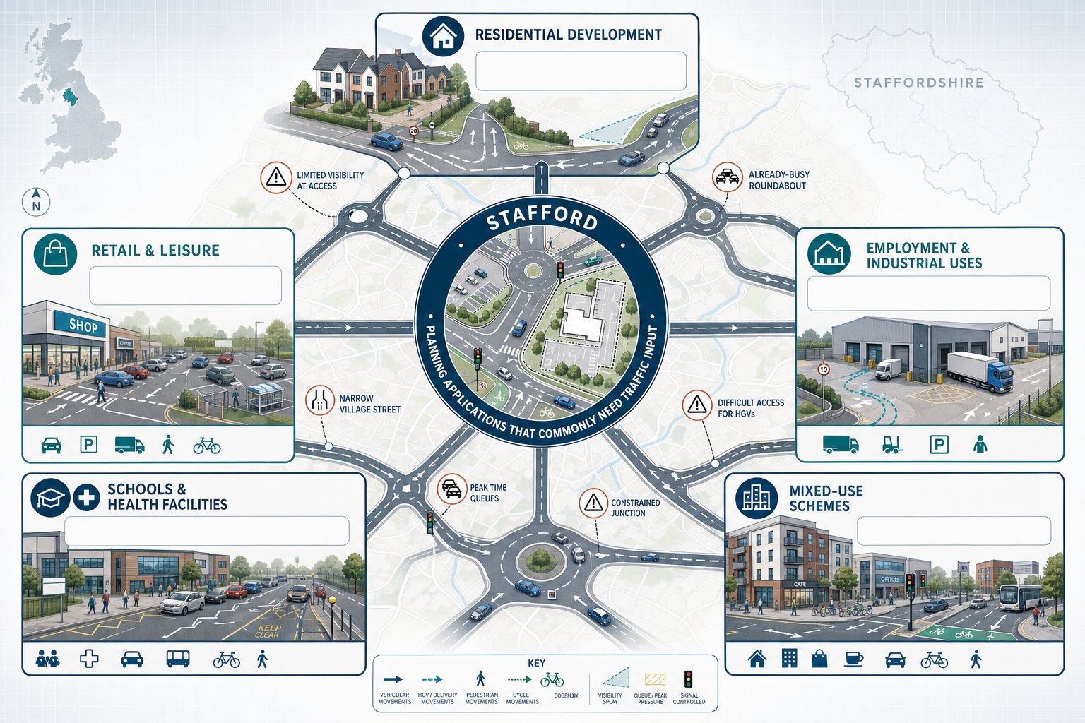Infographic showing Stafford planning developments that often need traffic engineering input.