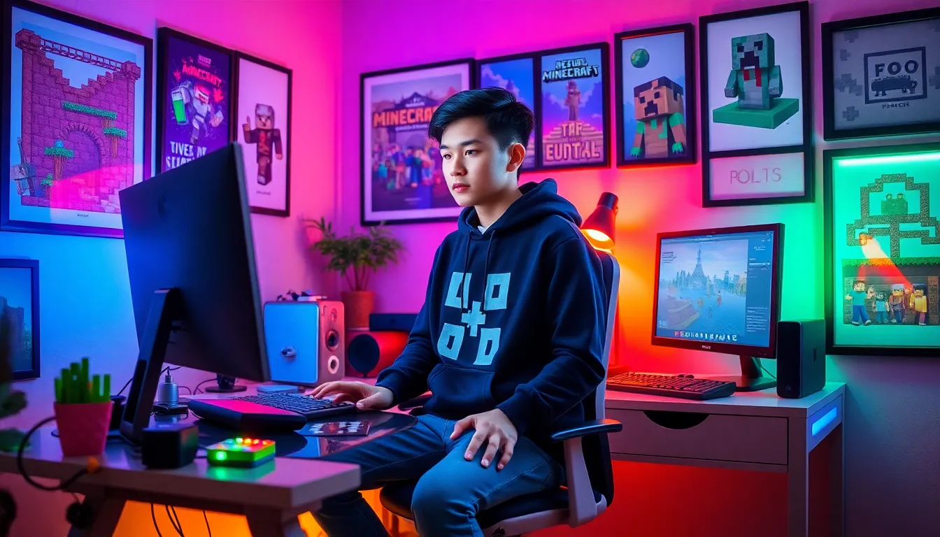 A young gamer engaging with Minecraft at a colorful desk.