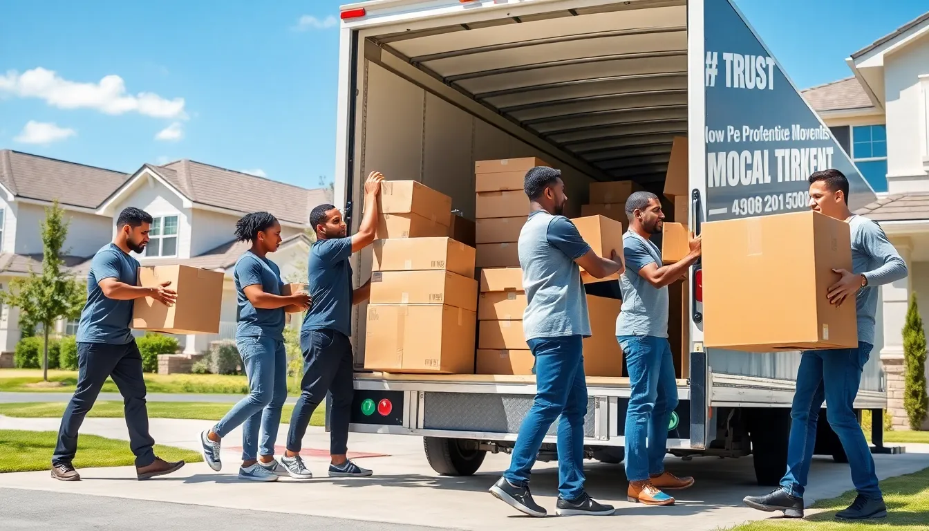 Professional movers loading boxes onto a moving truck outside a suburban home.