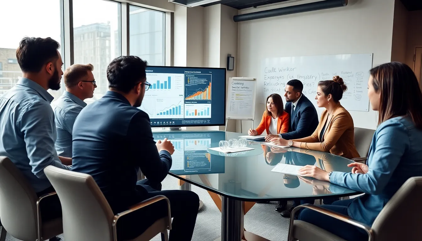 diverse team collaborating over data analysis in a modern office.