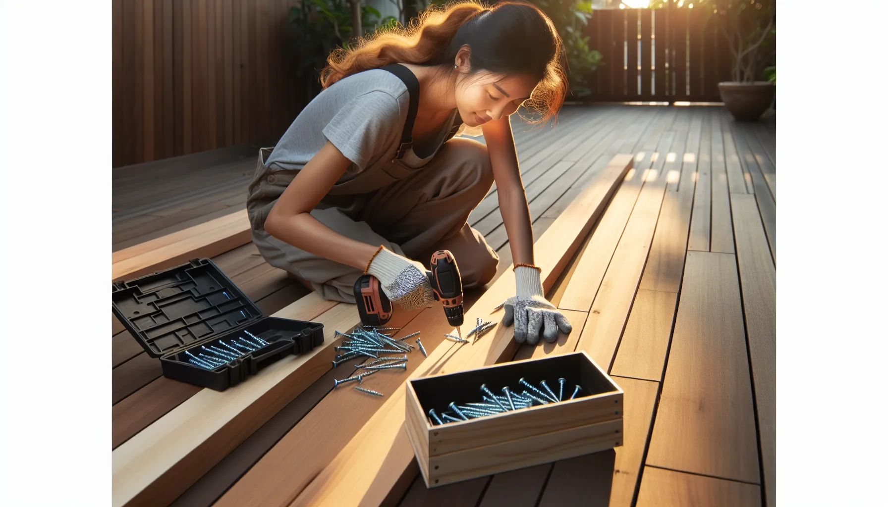 A craftsman installing screws into wooden decking in a backyard.