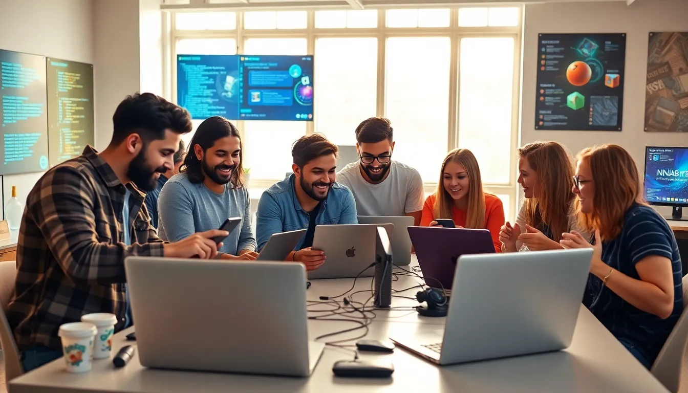 diverse tech enthusiasts collaborating in a vibrant digital workspace.
