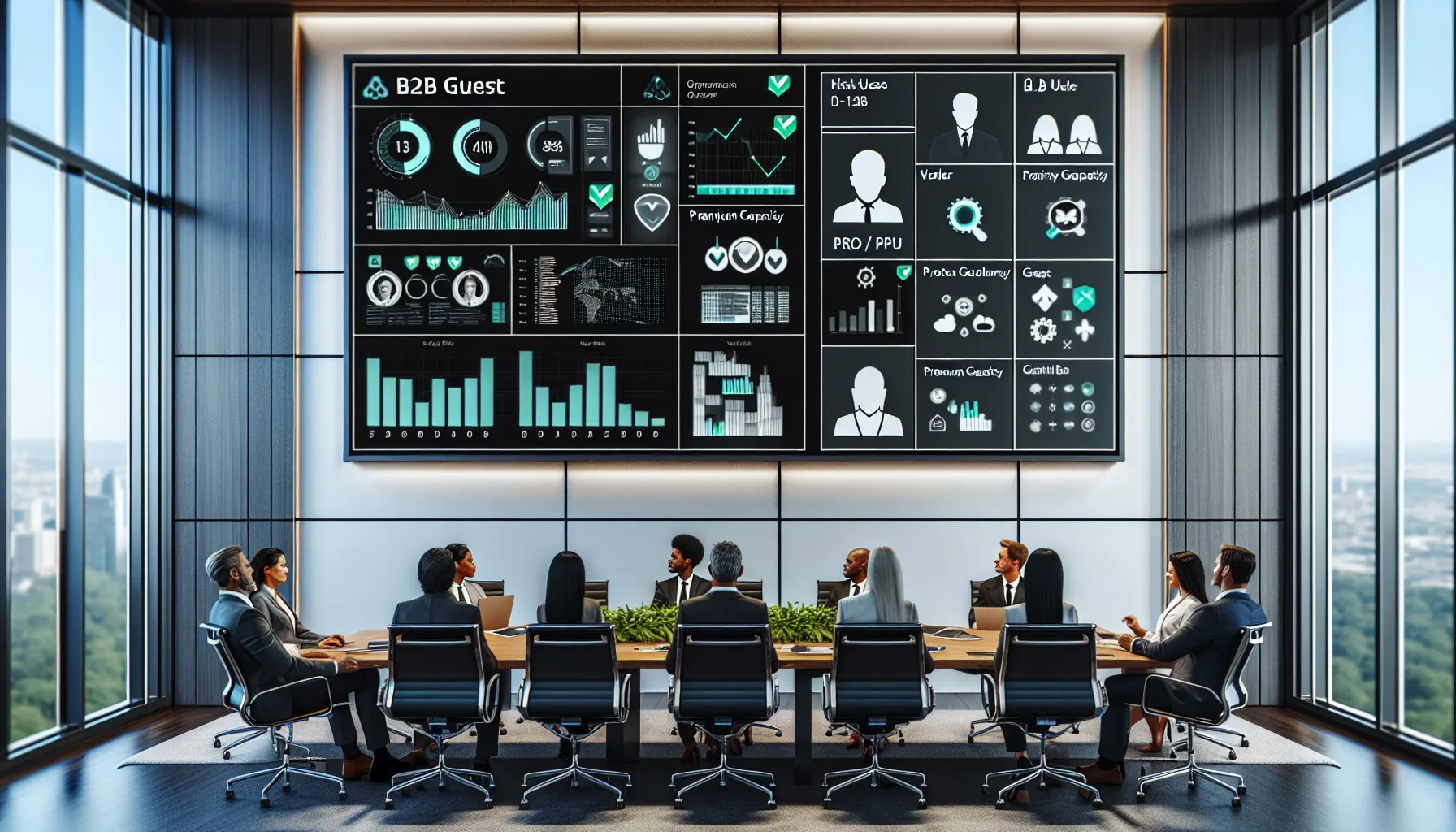 Business team reviews compliant Power BI external sharing and licensing setup in a modern office.