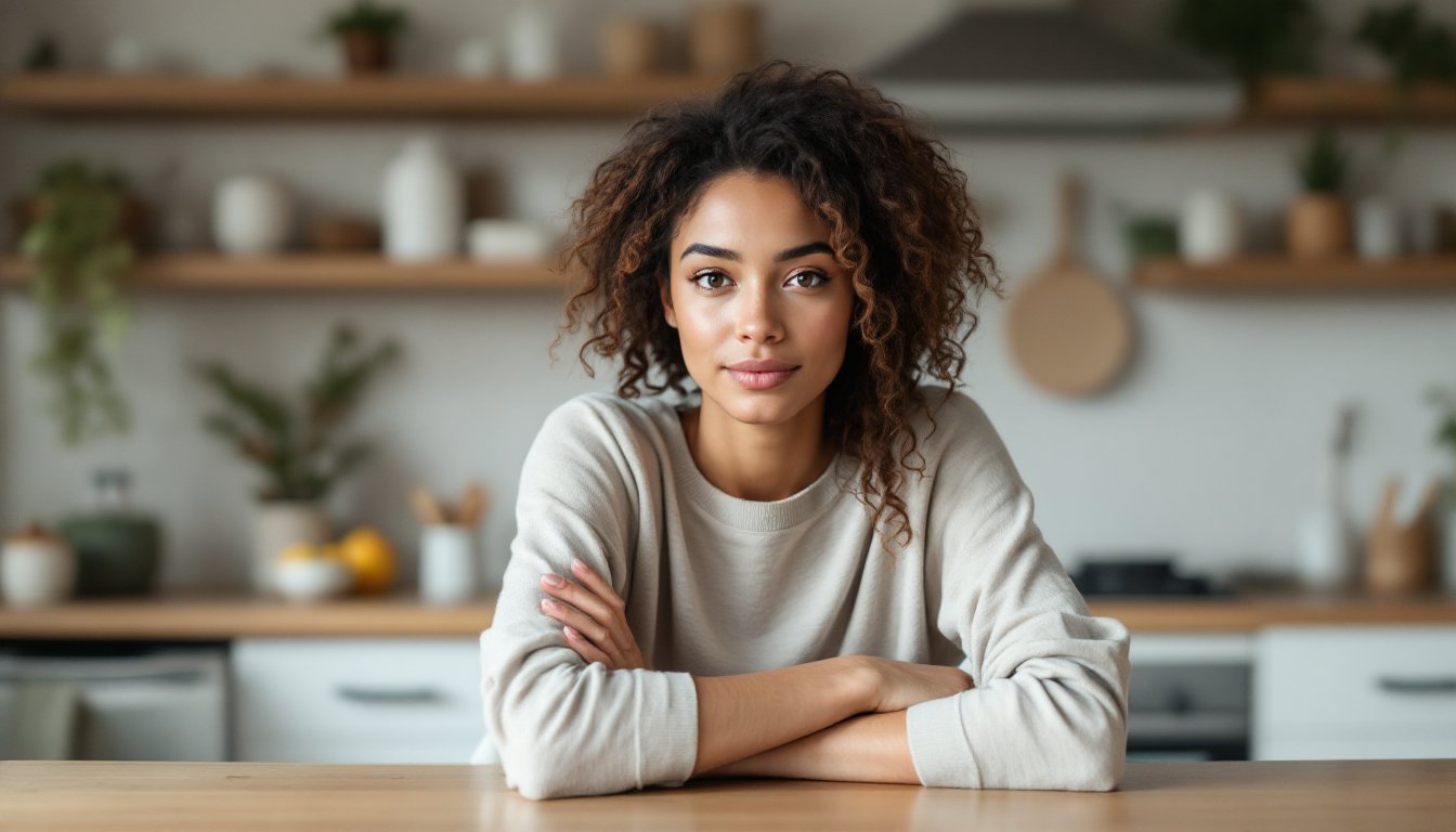 Woman planning tomorrow's outfit and meal at a calm evening kitchen table.
