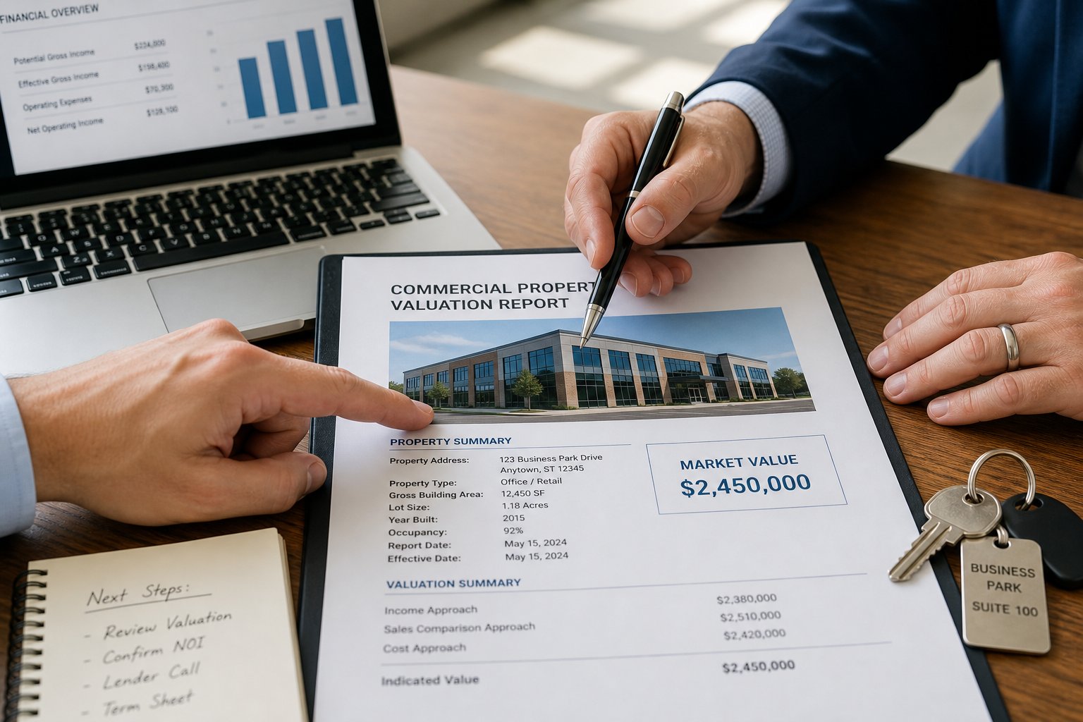 Close-up of commercial property finance documents, laptop, and keys during a mortgage review.