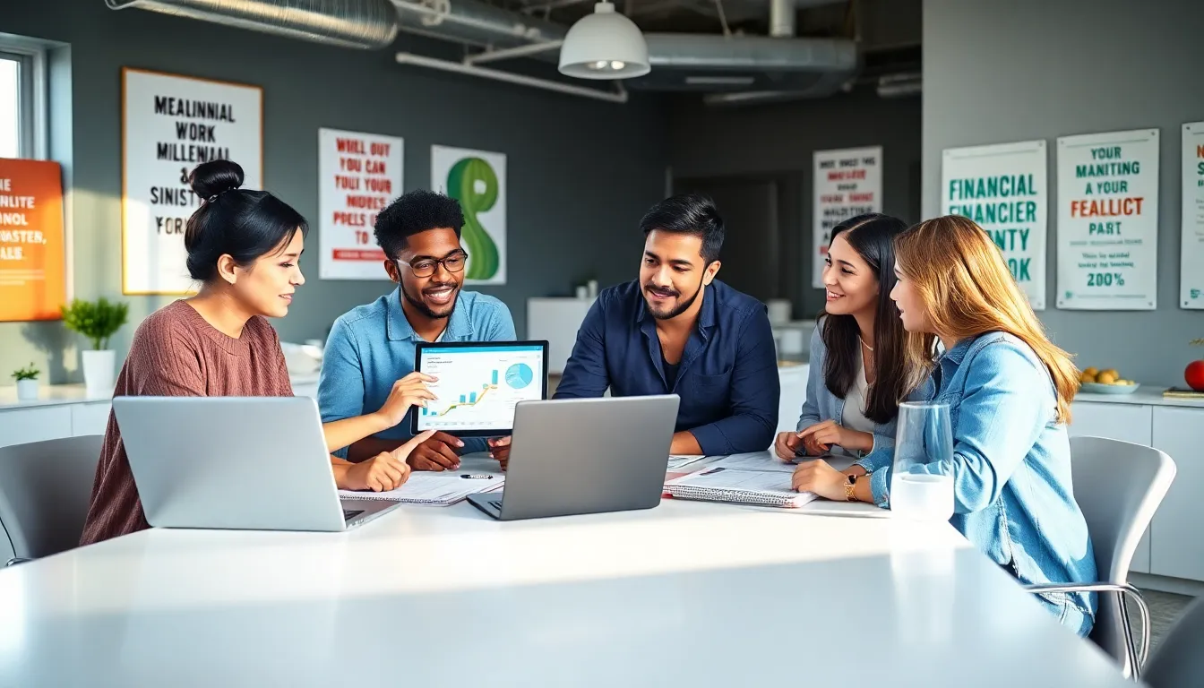 millennials collaborating on financial strategies in a modern office.