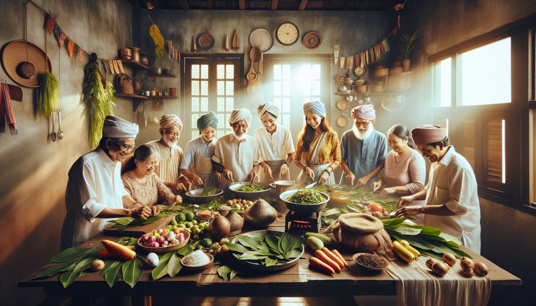 diverse group preparing a meal with kwachotri in a cozy kitchen.