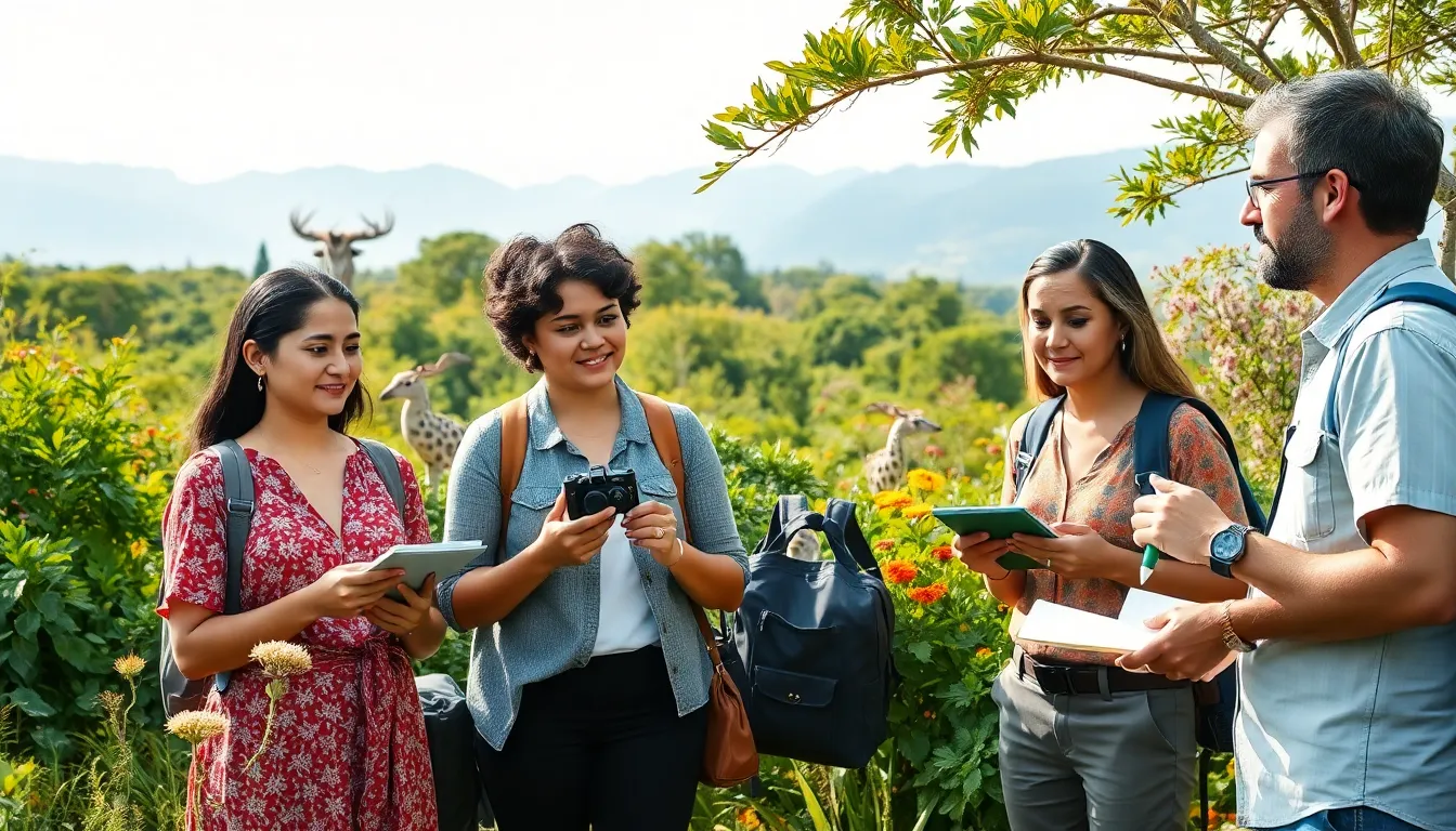 professionals observing biodiversity in a vibrant ecosystem.