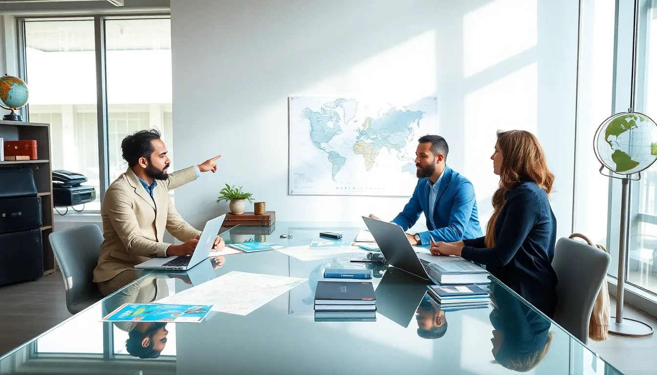 diverse team planning travel in a modern office setting.