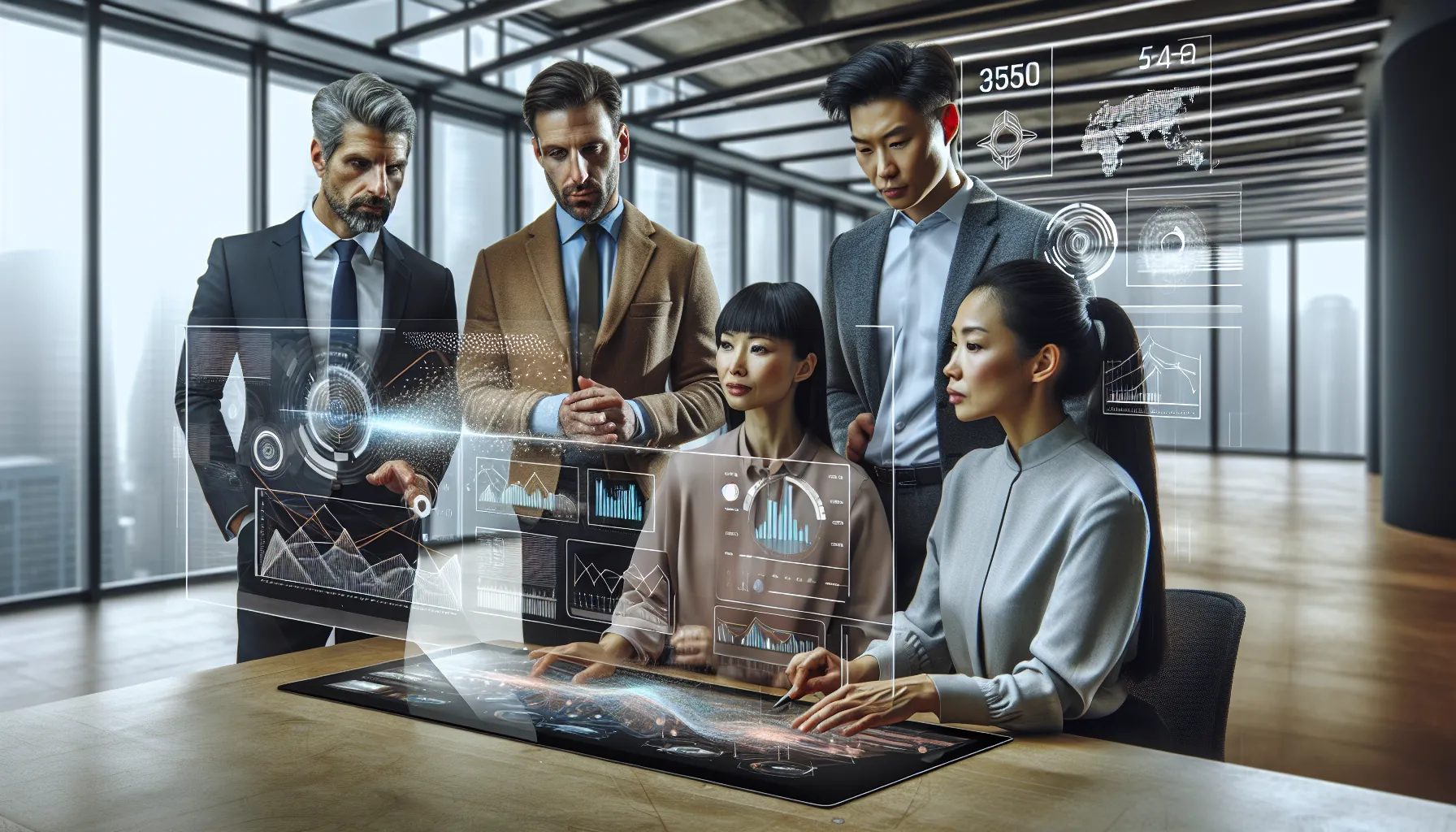 diverse team discussing data analytics in a modern office.