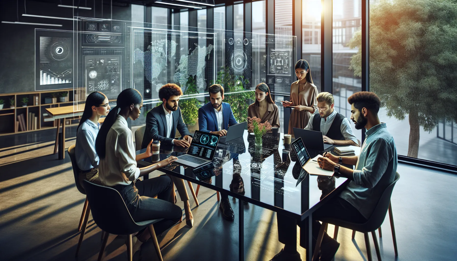 diverse team collaborating on AI trends in a modern office.