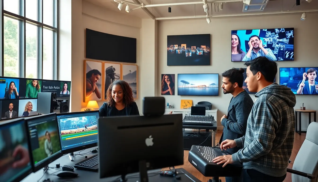 diverse professionals collaborating in a modern multimedia art studio.