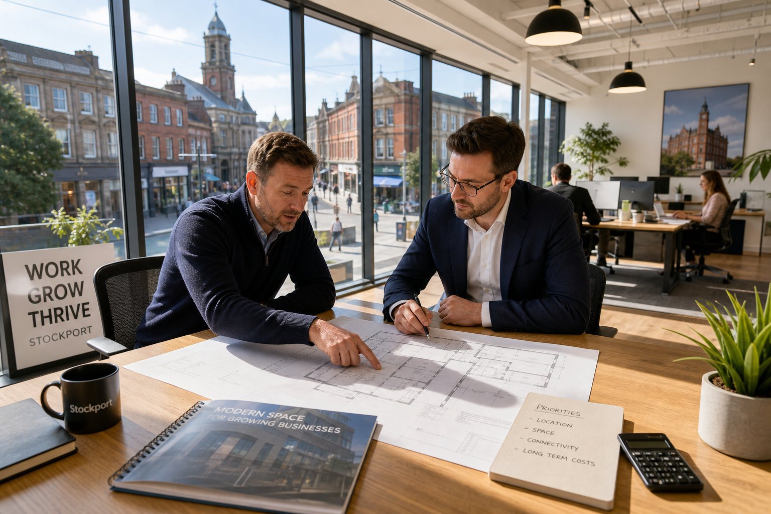 Commercial Mortgage Broker Stockport - Purchase and Refi 3 Business owner and adviser reviewing a commercial property in a bright modern office in Stockport.
