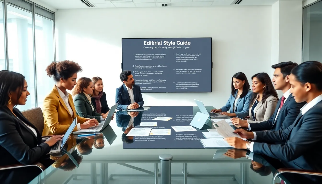 professionals collaborating on an editorial style guide in a modern office.
