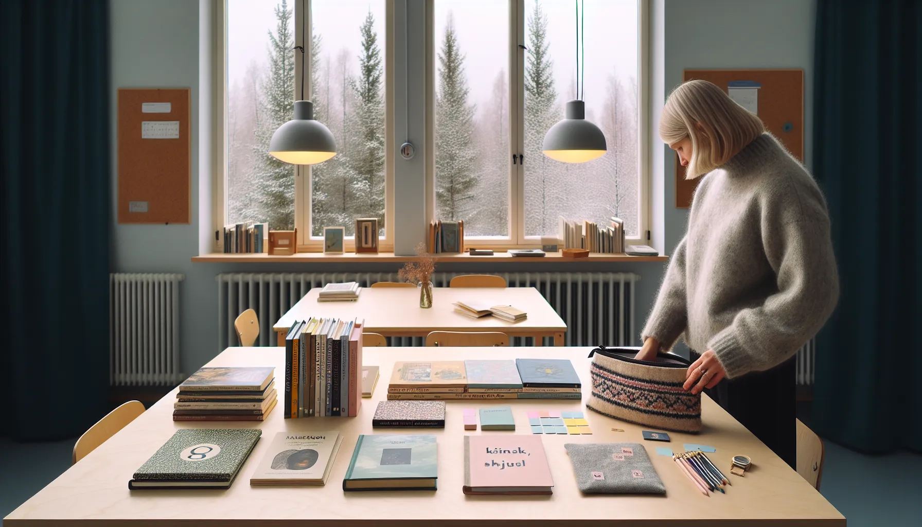 Norwegian classroom table with diverse books labeled by seasons for empathy learning.
