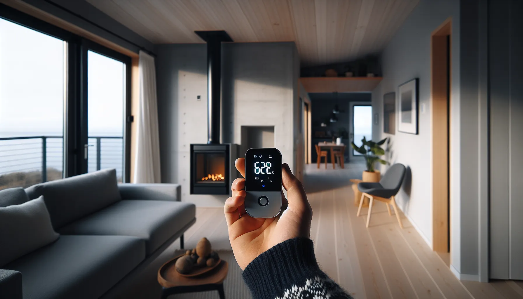 Hvordan unngå fuktproblemer ved bruk av bioetanolpeis 3 Hand holds hygrometer while airing a room after bioethanol fireplace use.