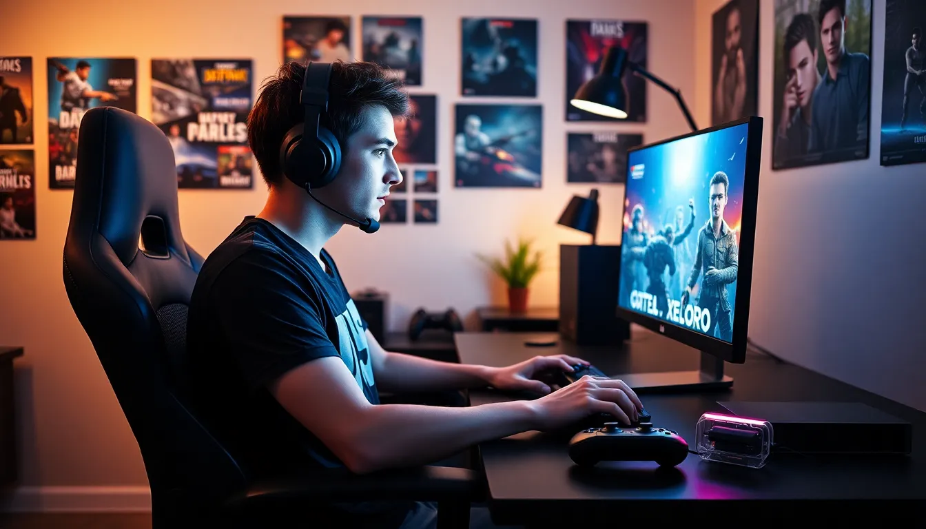 a gamer in a stylish home office focusing on gameplay.