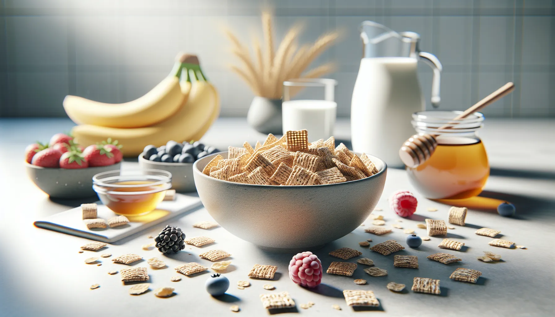 Bowl of Mini Wheats surrounded by fruits and milk.