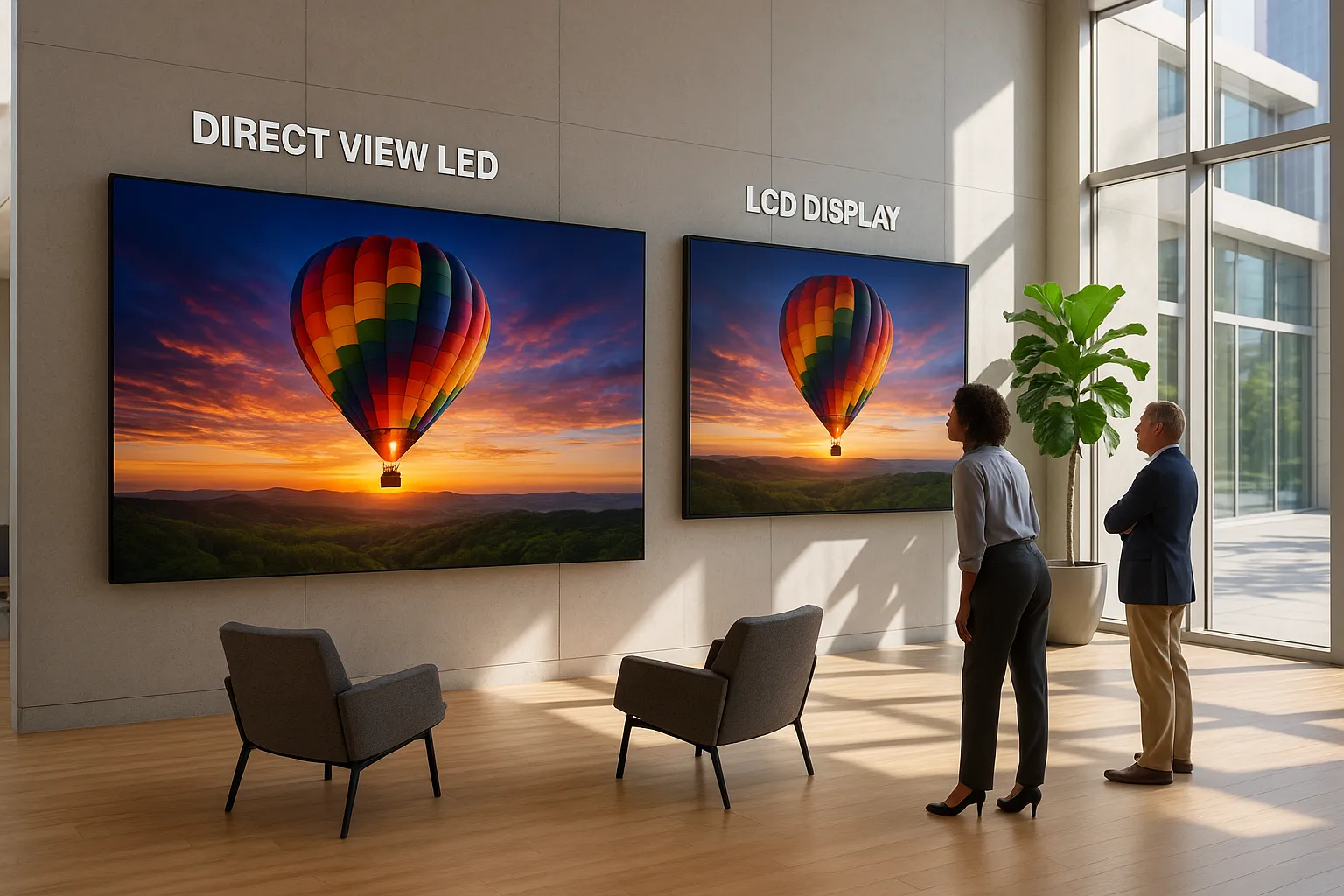 Two people comparing an indoor LED video wall and LCD display in a modern sunlit lobby.