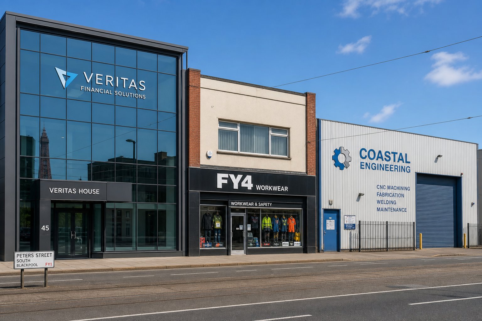 Commercial Mortgage Brokers Blackpool for Purchase and Refinance 4 Different types of commercial properties in Blackpool, including office, retail, and industrial buildings.