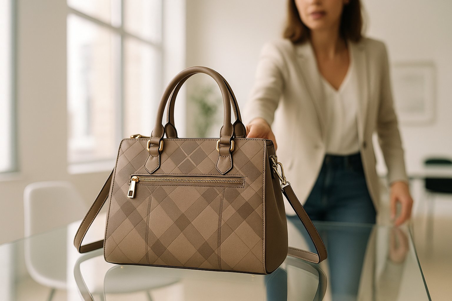 Structured satchel bag on a modern office table with a professional woman nearby.
