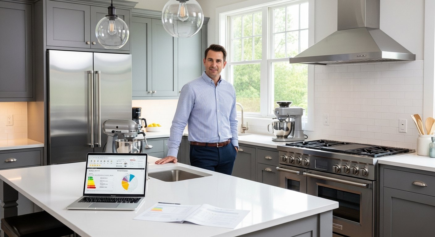 Modern kitchen with appliances and laptop showing product comparisons.