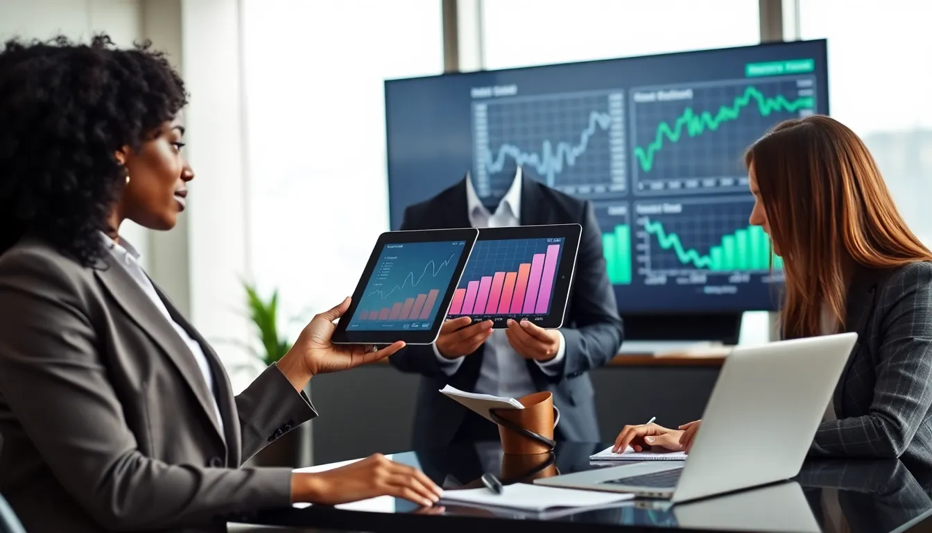 diverse professionals discussing wealth building accounts in a modern office.