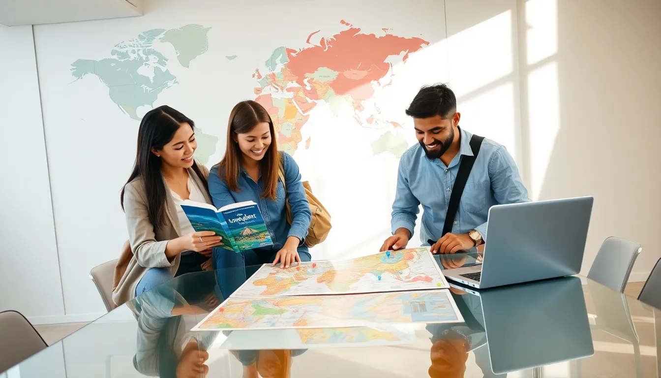 group planning travel with a Lonely Planet guide in a modern workspace.