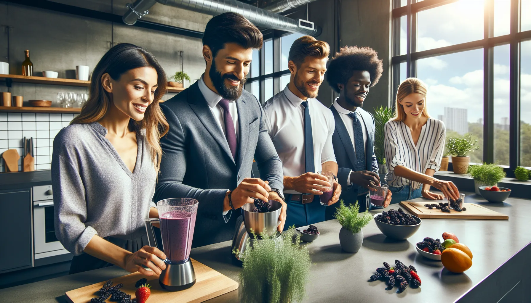 Diverse group preparing healthy smoothies with fresh mulberries.