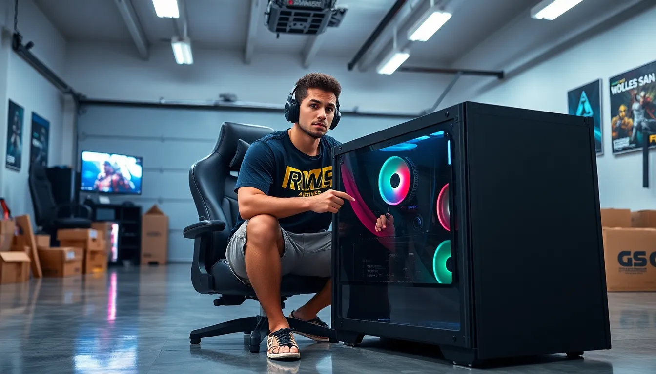 a gamer packing a high-end gaming PC in a garage.
