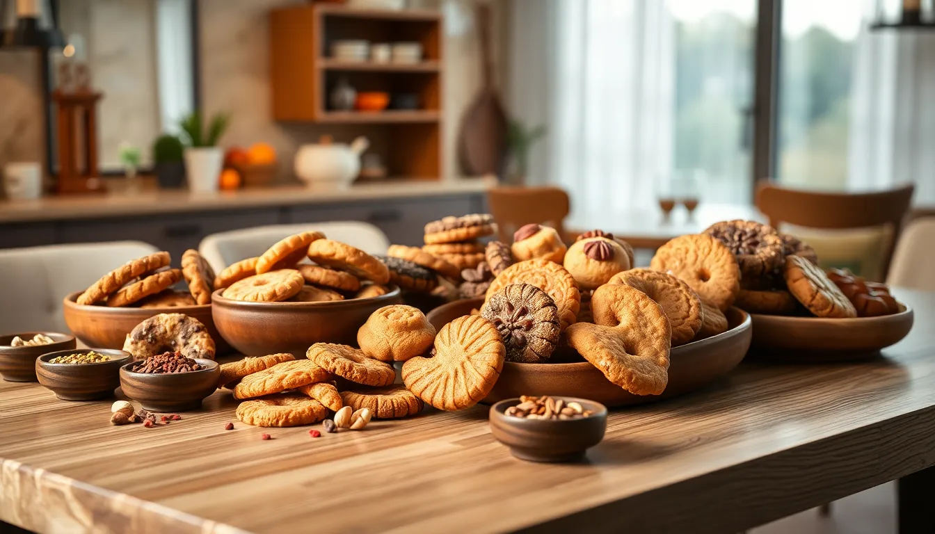 a selection of Dutch cookies on a rustic wooden table.